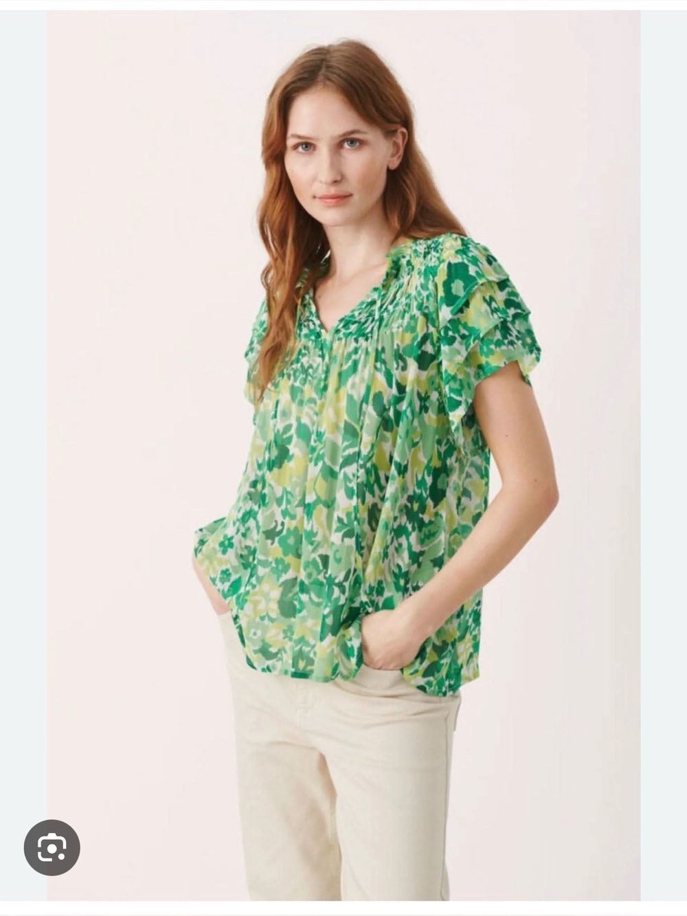 Part TwoGreen Floral Gauze Peasant Blouse